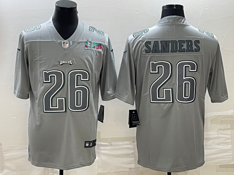 Men's Philadelphia Eagles #26 Miles Sanders Gray Super Bowl LVII Patch Atmosphere Fashion Stitched Jersey Men's Philadelphia Eagles #26 Miles Sanders Gray Super Bowl LVII Patch Atmosphere Fashion Stitched Jersey